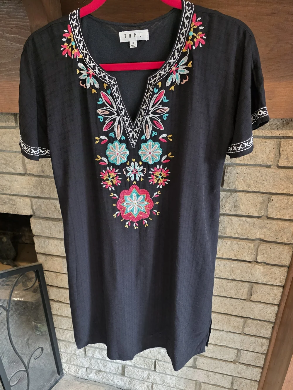 THML Black Tunic Dress with Pink and Teal Embroidered Floral Motif